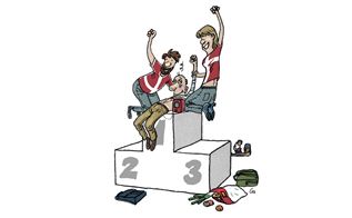 Tegning af sejrspodie med to personer, der giver førstehjælp til en tredje person