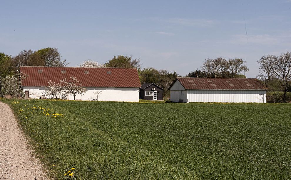 En hvid gård med rødt tag. grøn marke foran.