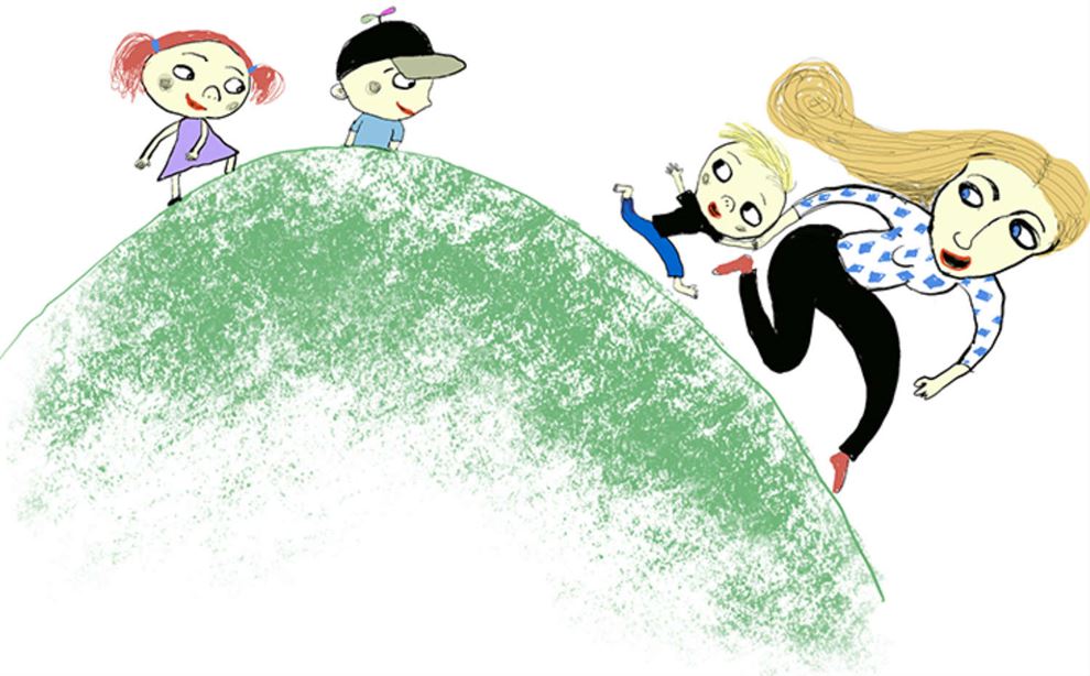 Illustration af voksen og børn på en bakketop. 