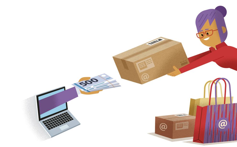 Illustration af kvinde der modtager pakke fra nethandel. 